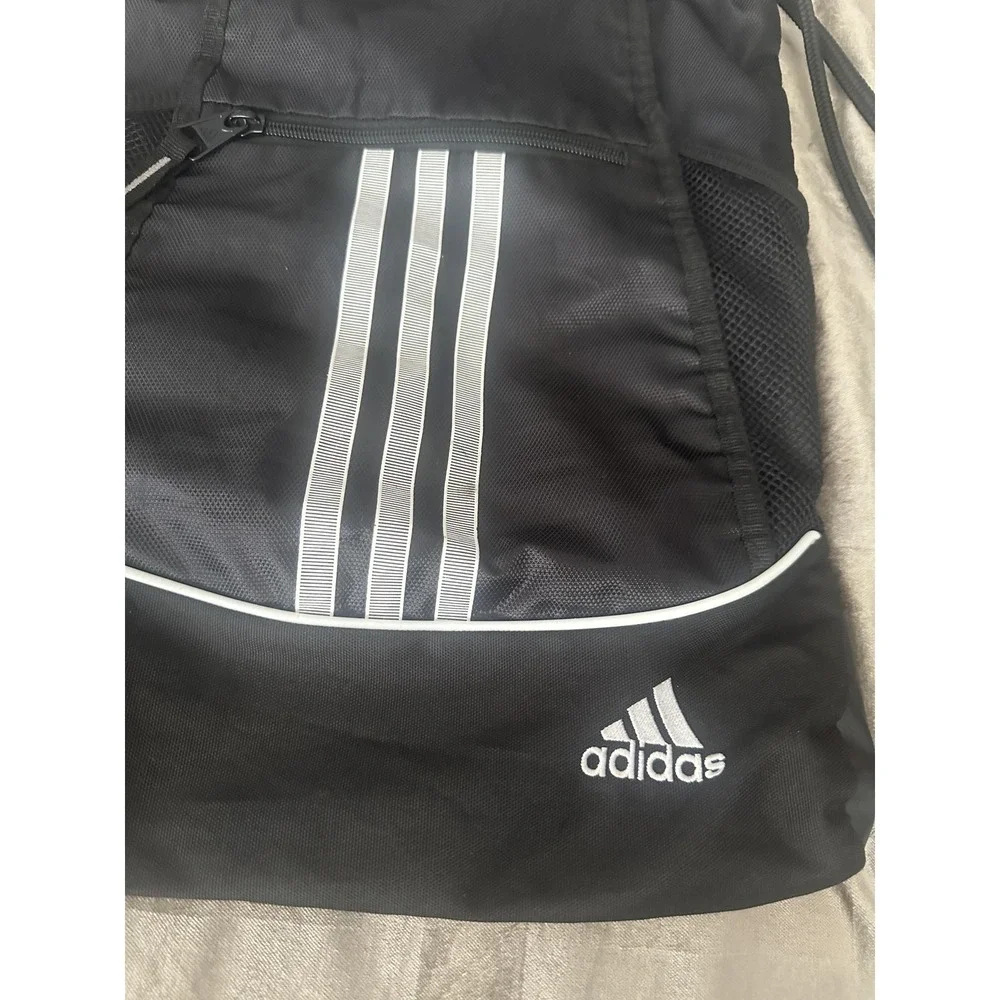 Adidas Drawstring Gym Sack Backpack Black 3 Stripes Mesh Pockets Sports Logo Bag